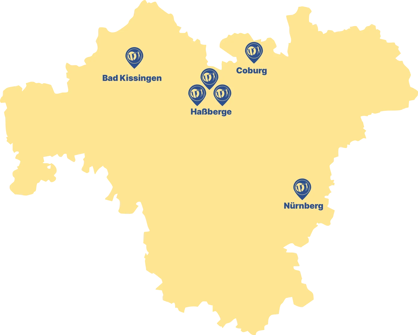 Karte mit unseren Standorten: Bad Kissingen, Coburg, Haßberge (Haßfurt) und Nürnberg